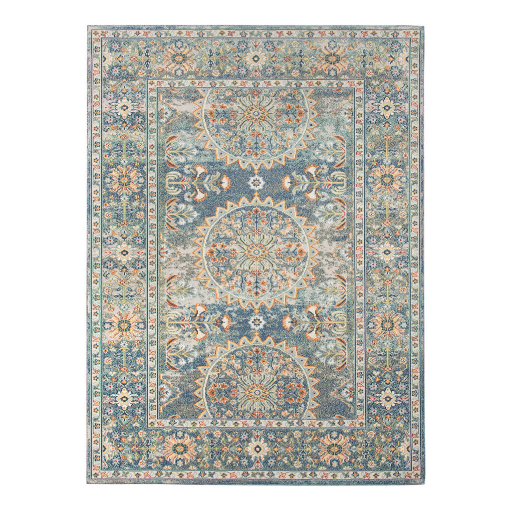 8' X 10' Blue and Orange Floral Medallion Stain Resistant Indoor Outdoor Area Rug-2