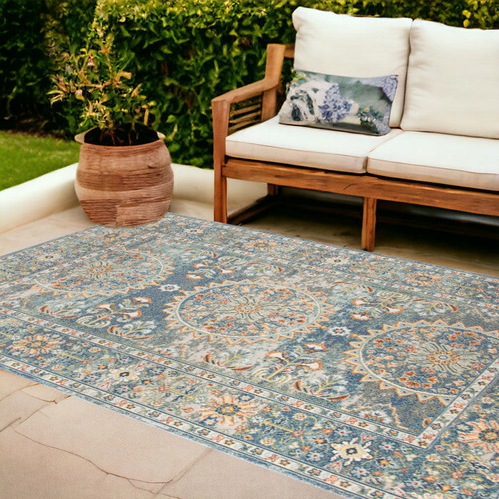 8' X 10' Blue and Orange Floral Medallion Stain Resistant Indoor Outdoor Area Rug-0