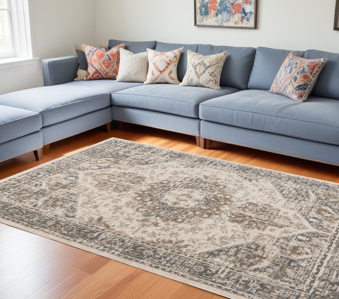 9' X 12' Beige Medallion Power Loom Area Rug-0