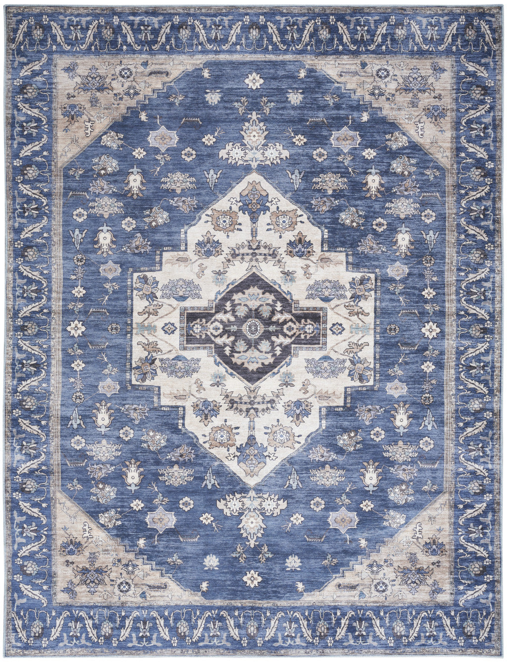 8' X 10' Blue and Beige Oriental Power Loom Distressed Washable Non Skid Area Rug-0