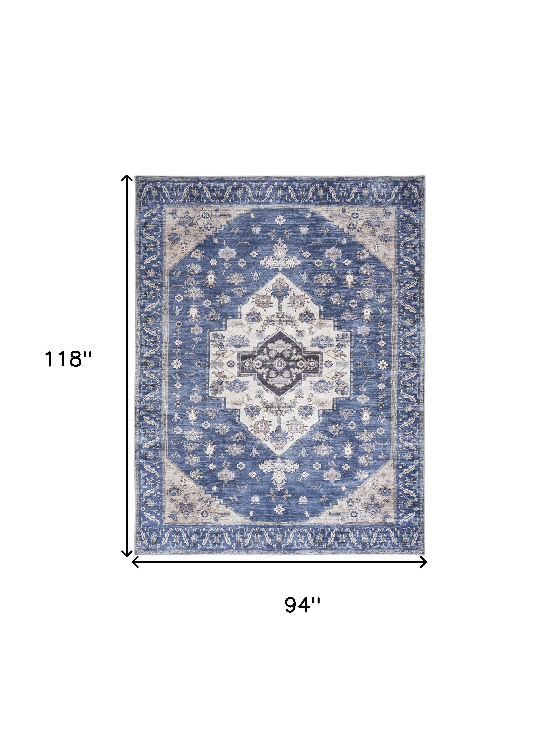 8' X 10' Blue and Beige Oriental Power Loom Distressed Washable Non Skid Area Rug-8