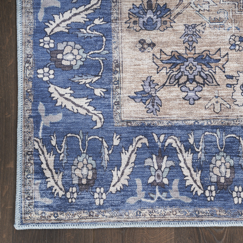 8' X 10' Blue and Beige Oriental Power Loom Distressed Washable Non Skid Area Rug-1