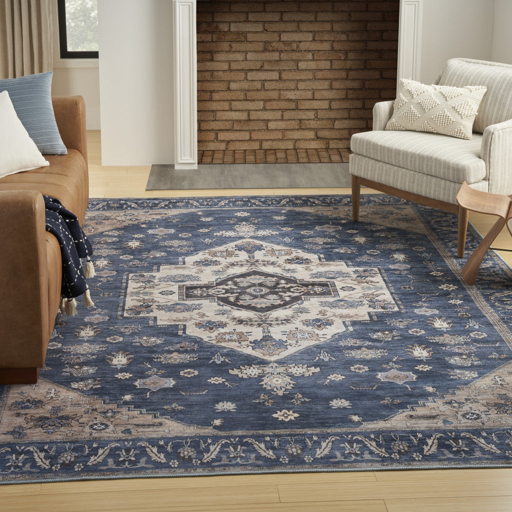 8' X 10' Blue and Beige Oriental Power Loom Distressed Washable Non Skid Area Rug-6