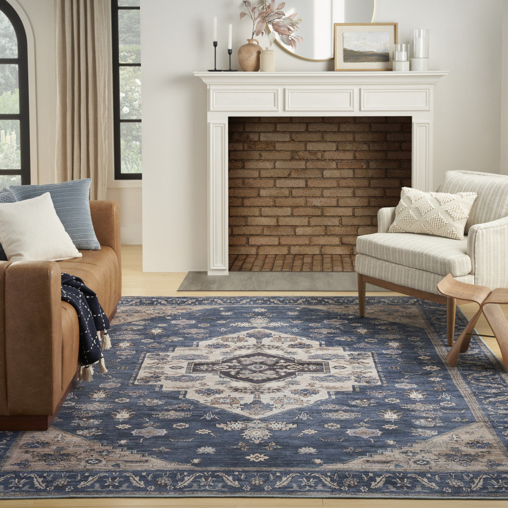 8' X 10' Blue and Beige Oriental Power Loom Distressed Washable Non Skid Area Rug-7