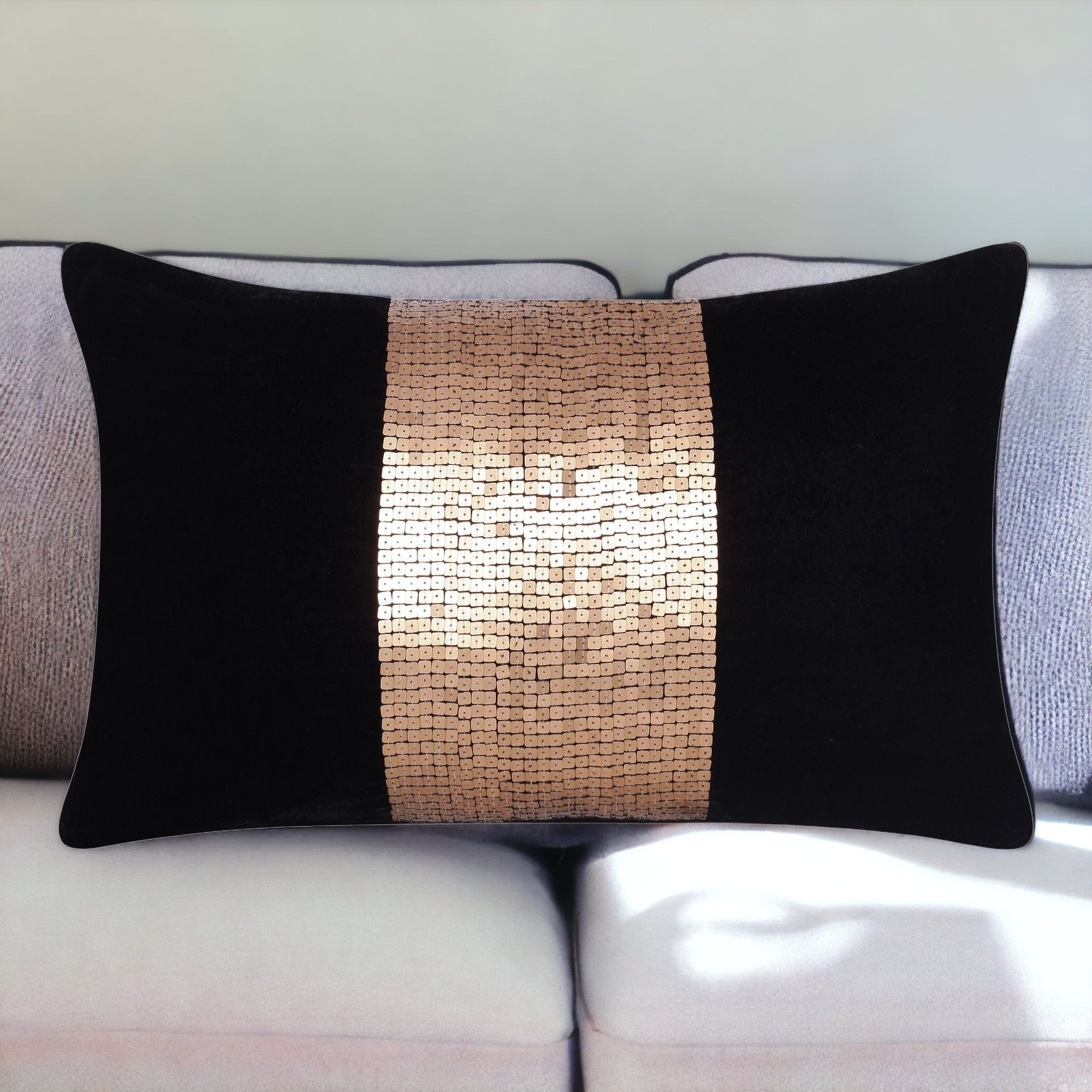 16" X 24" Black Striped Polyester Zippered Pillow With Beads-1