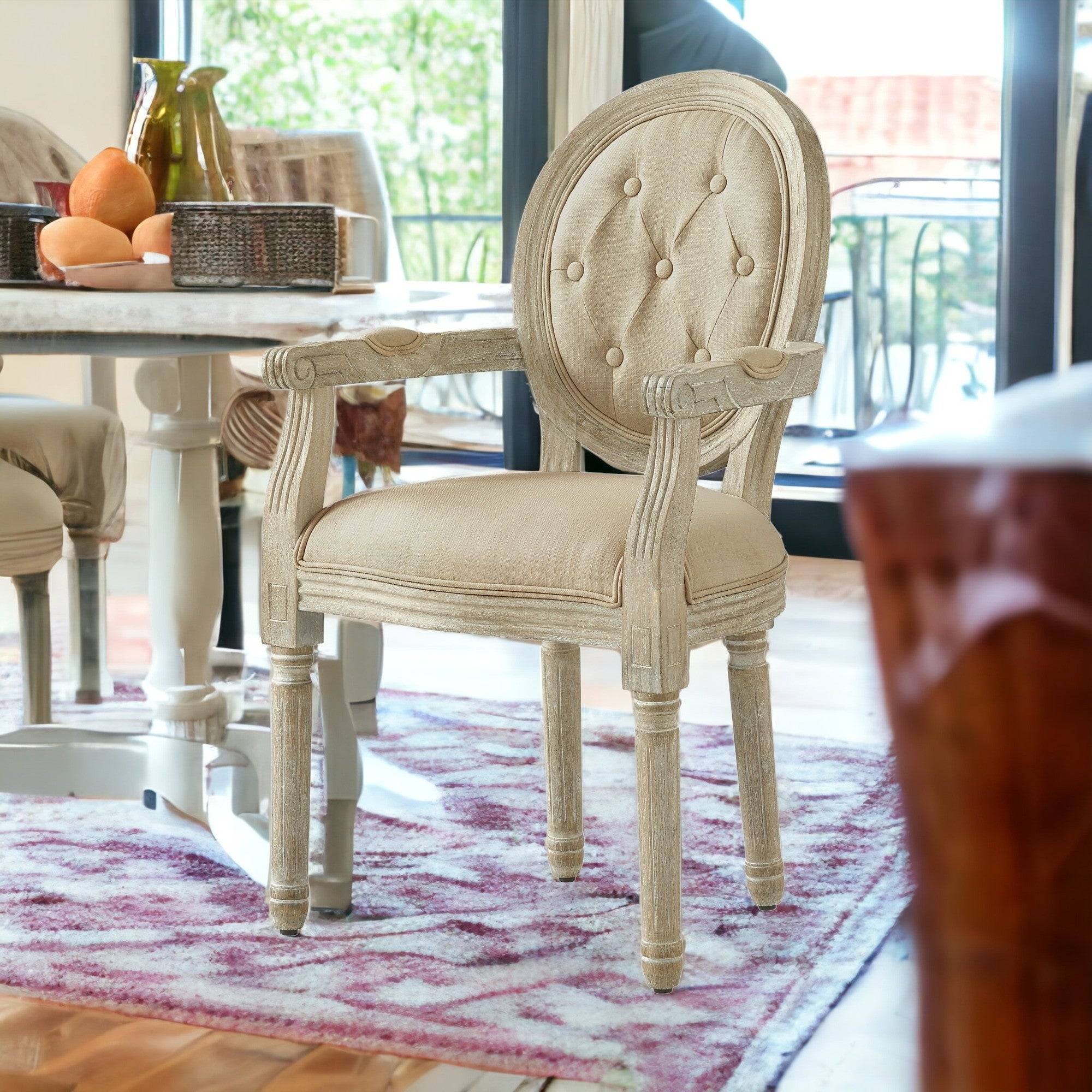 Tufted Beige and Brown Upholstered Linen Dining Arm Chair-1