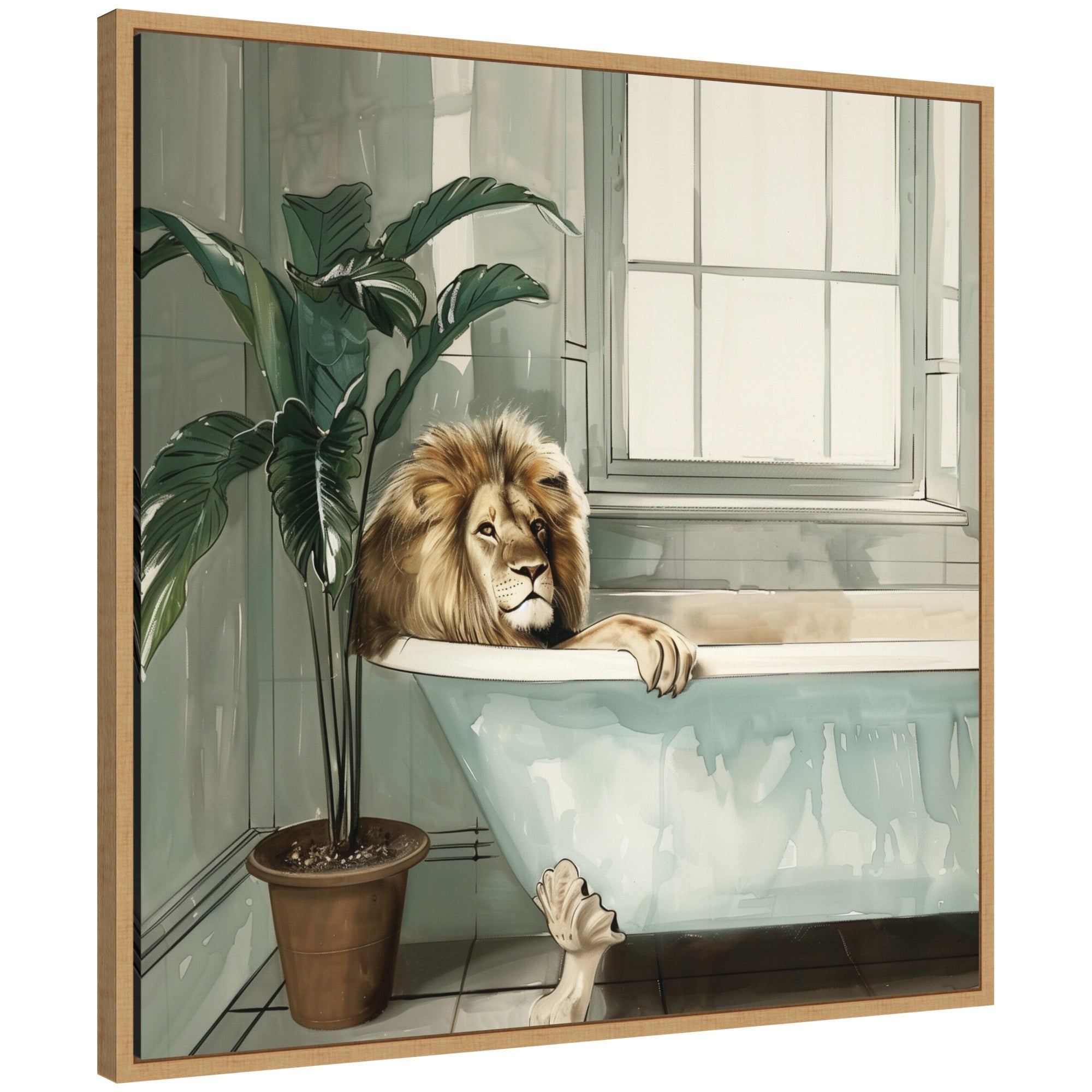 Sylvie Lion Relaxing in Tub Zen Bathroom Framed Canvas by The Creative Bunch Studio