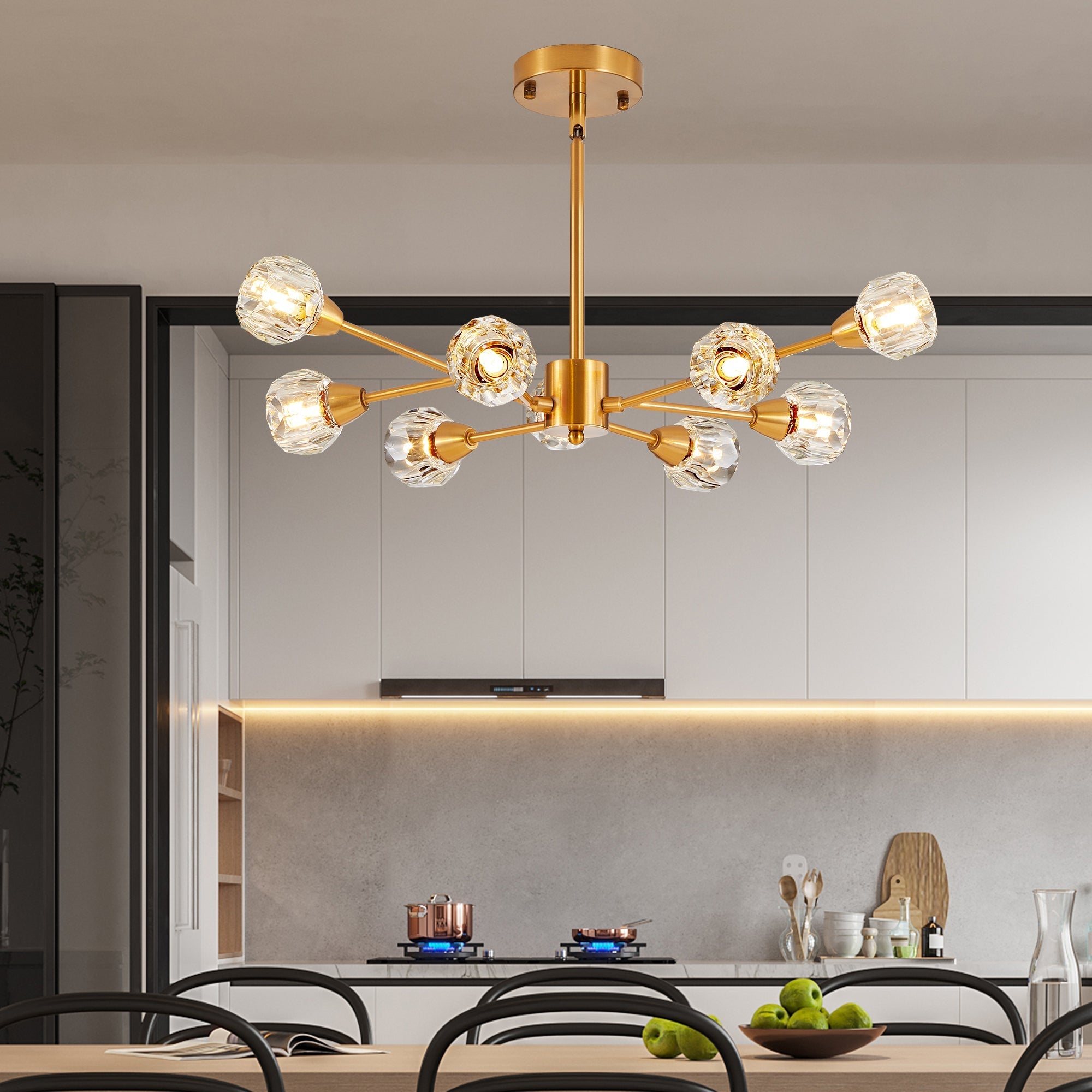 28" Modern Crystal Chandelier with 9 Lights in Golden Finish