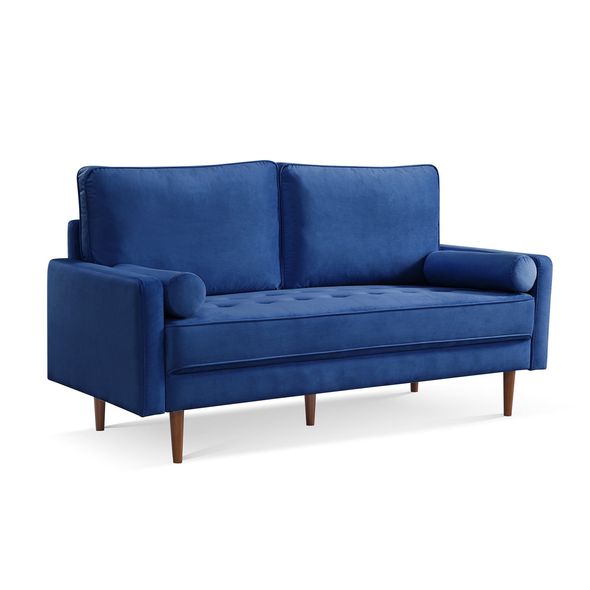 69" Blue Velvet Sofa And Toss Pillows With Dark Brown Legs-2