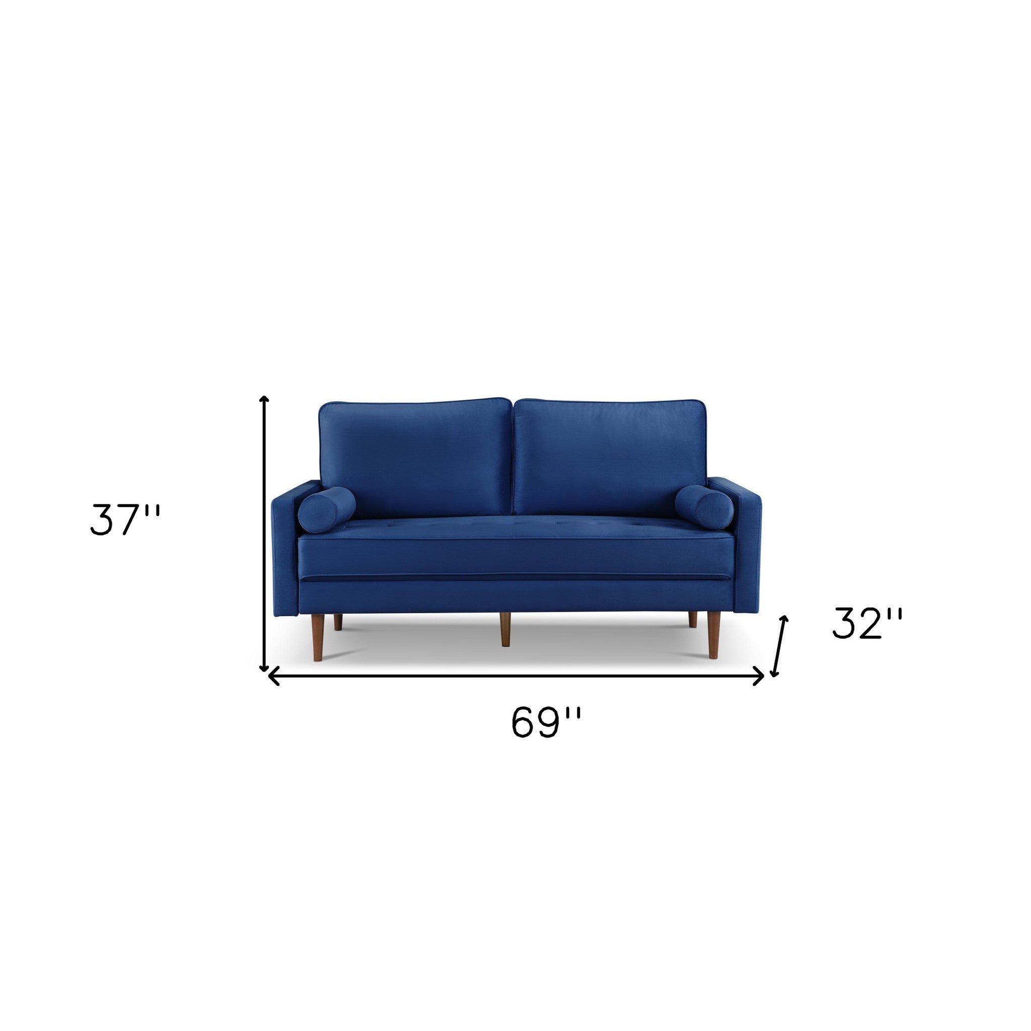 69" Blue Velvet Sofa And Toss Pillows With Dark Brown Legs-6