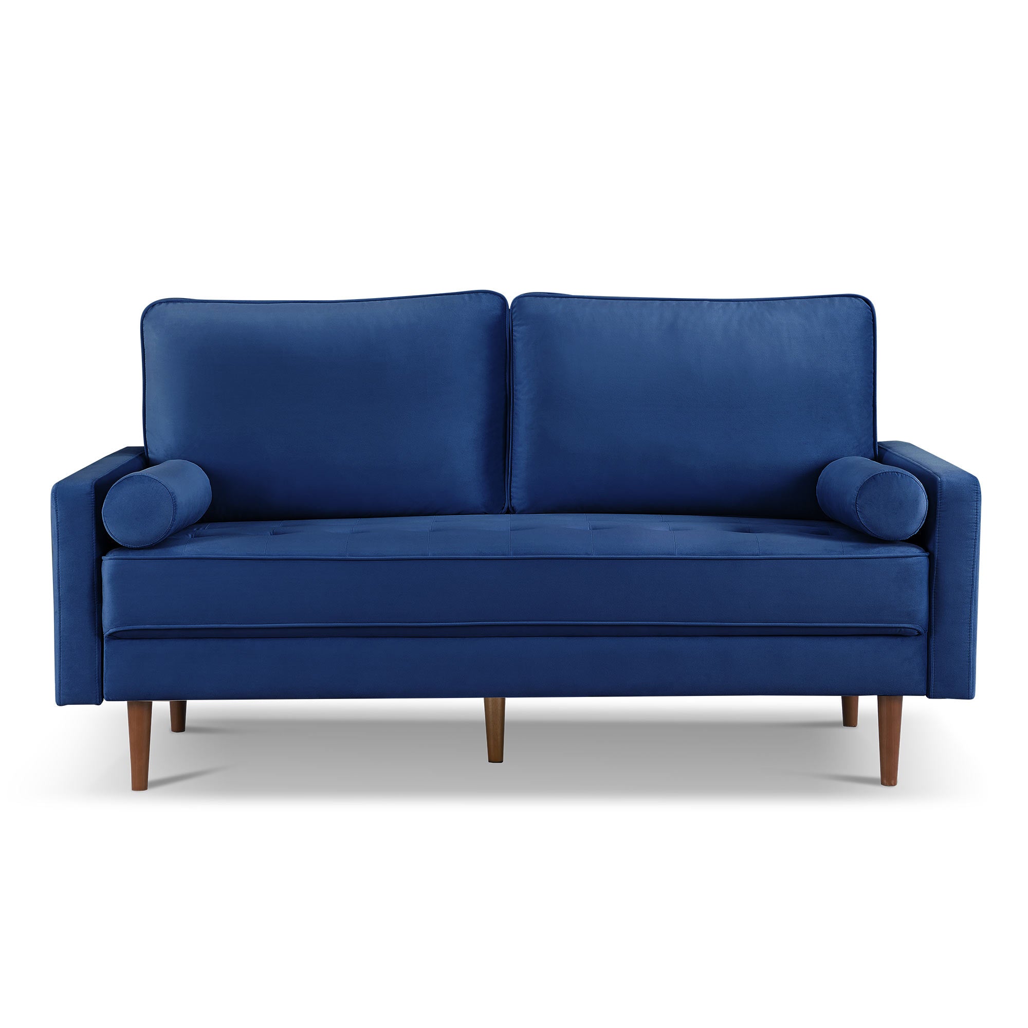 69" Blue Velvet Sofa And Toss Pillows With Dark Brown Legs-1