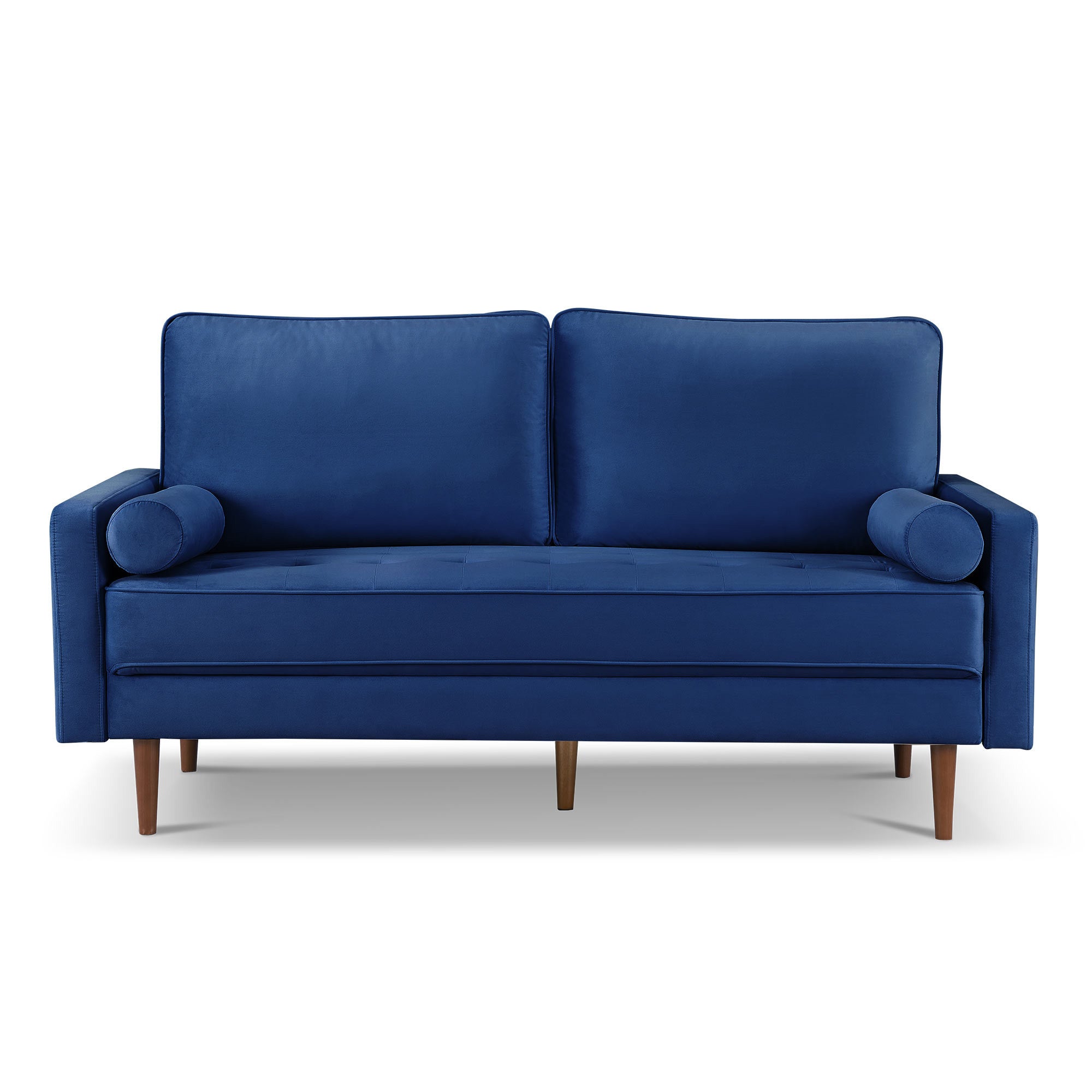 69" Blue Velvet Sofa And Toss Pillows With Dark Brown Legs-5