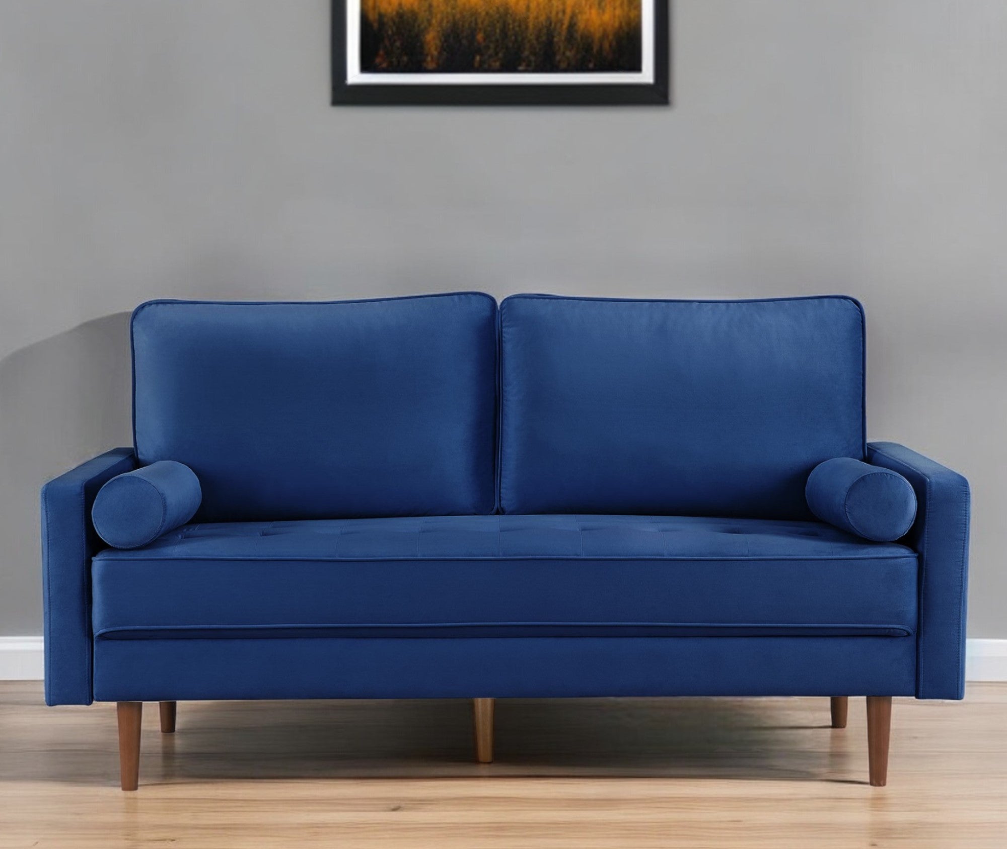 69" Blue Velvet Sofa And Toss Pillows With Dark Brown Legs-0