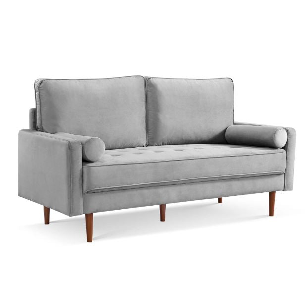 69" Gray Velvet Sofa And Toss Pillows With Dark Brown Legs-2