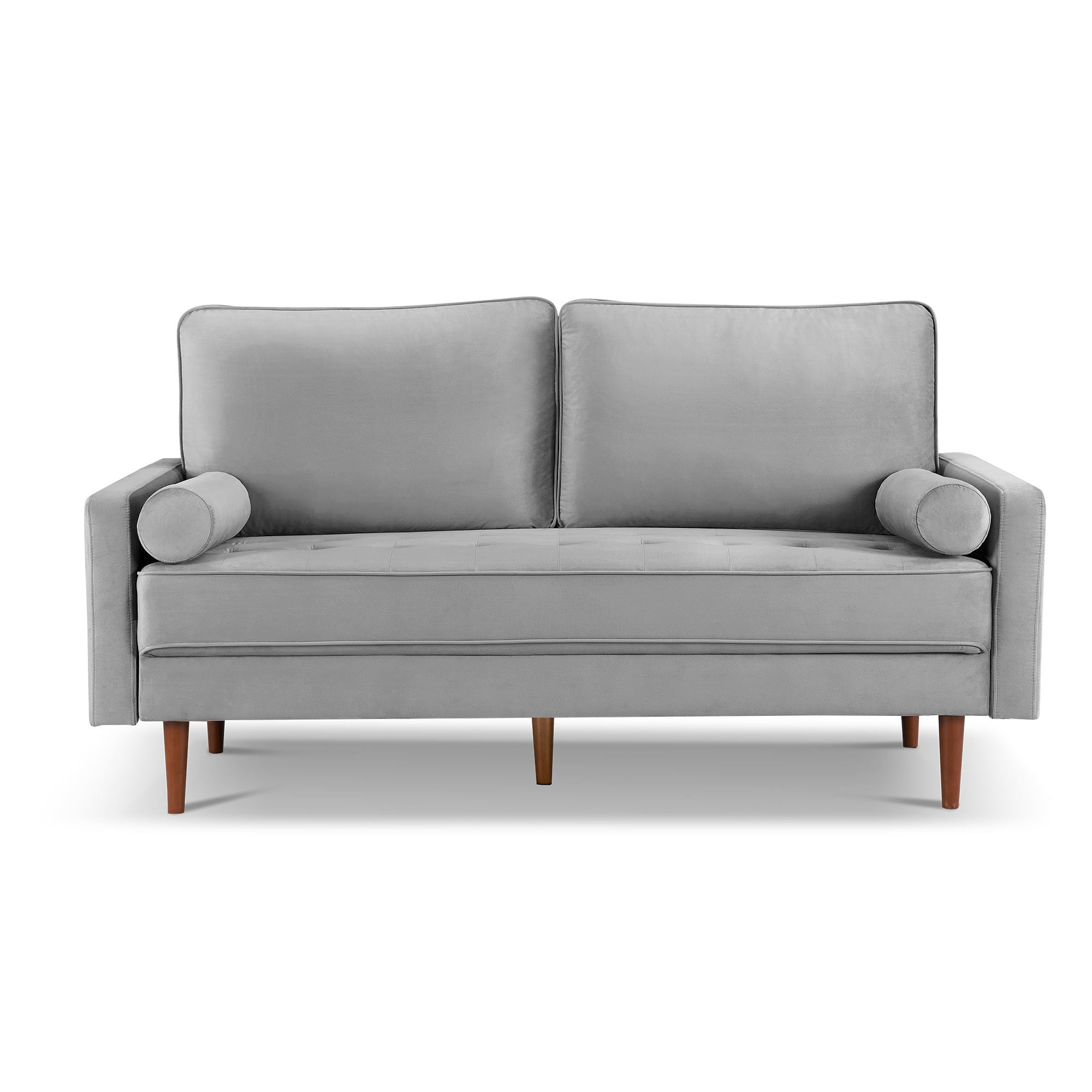 69" Gray Velvet Sofa And Toss Pillows With Dark Brown Legs-1