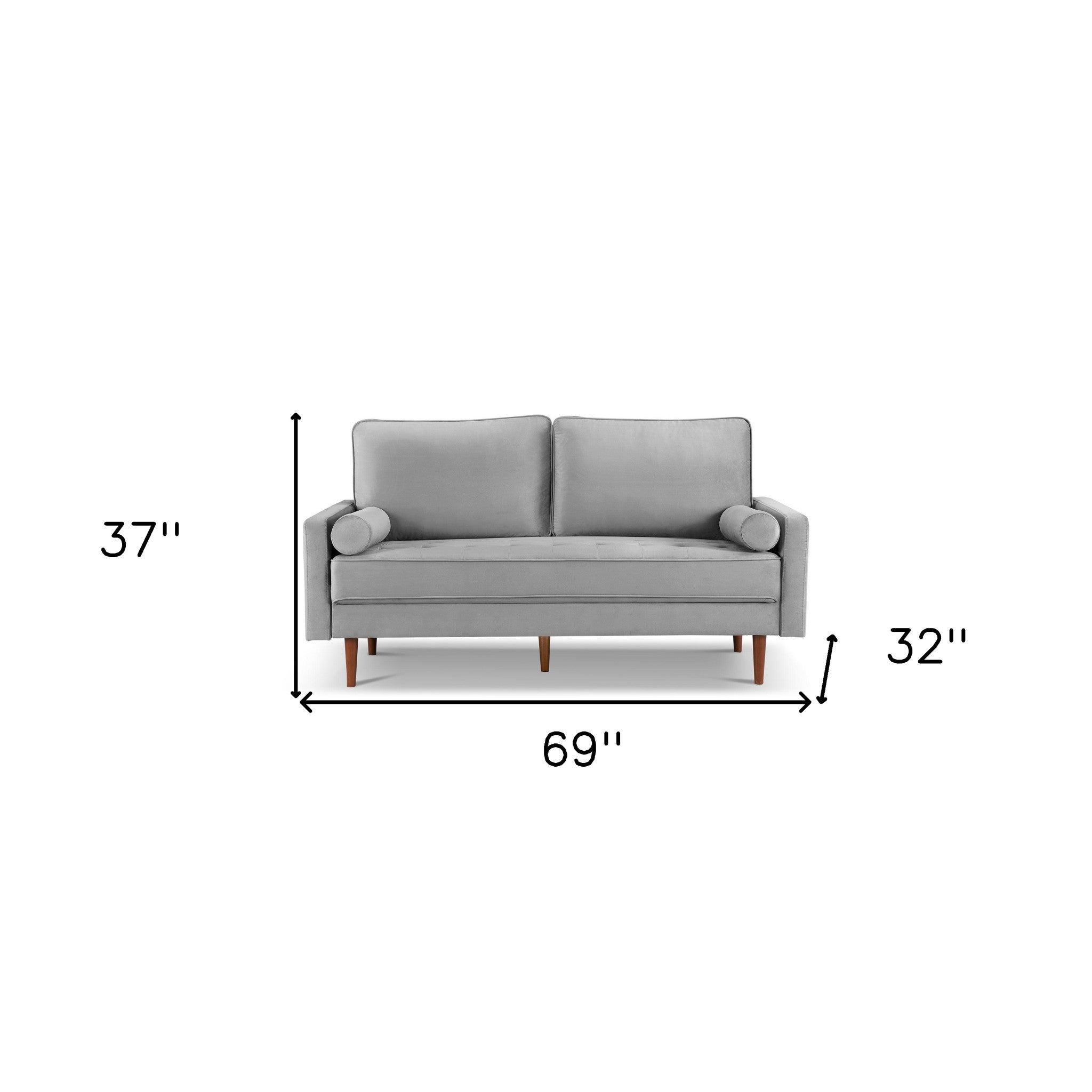 69" Gray Velvet Sofa And Toss Pillows With Dark Brown Legs-5