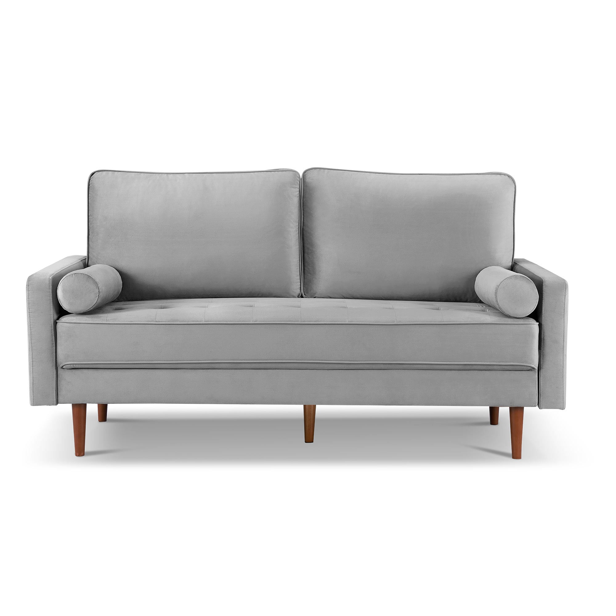 69" Gray Velvet Sofa And Toss Pillows With Dark Brown Legs-4