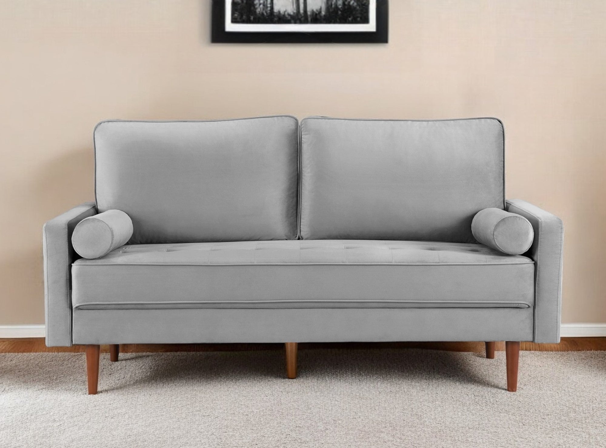 69" Gray Velvet Sofa And Toss Pillows With Dark Brown Legs-0