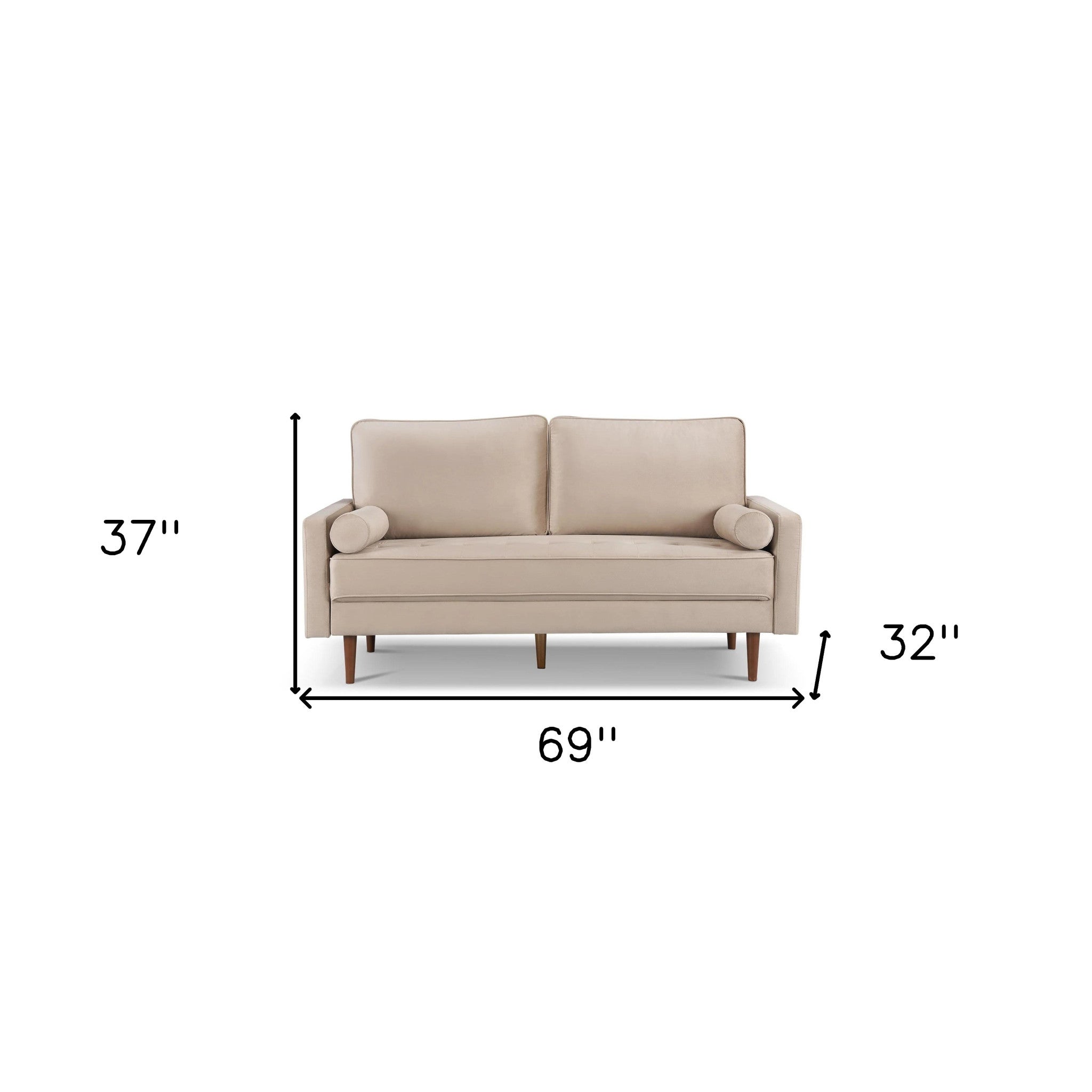 69" Beige Velvet Sofa And Toss Pillows With Dark Brown Legs-5