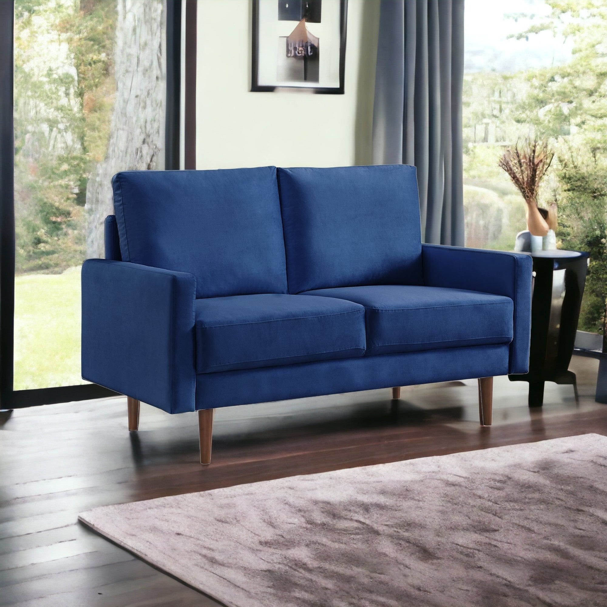 57" Blue And Dark Brown Velvet Loveseat-1