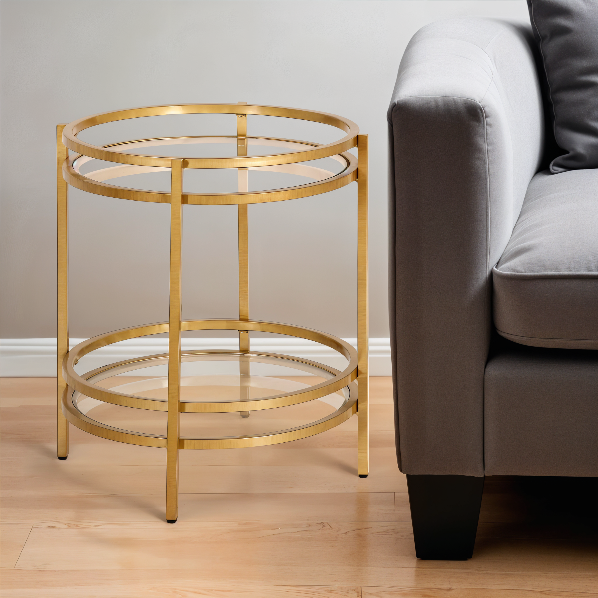 22" Brass And Clear Glass And Steel Round End Table With Shelf-0