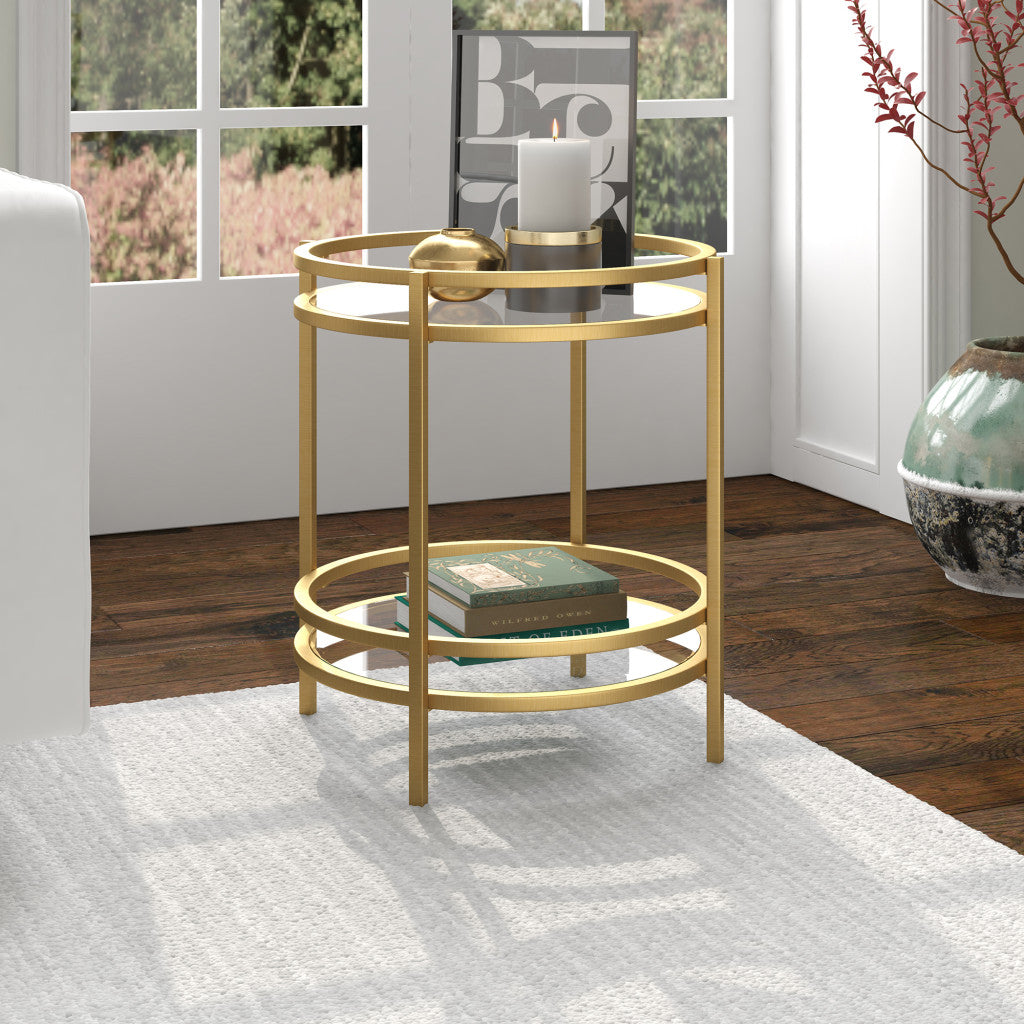 22" Brass And Clear Glass And Steel Round End Table With Shelf-6