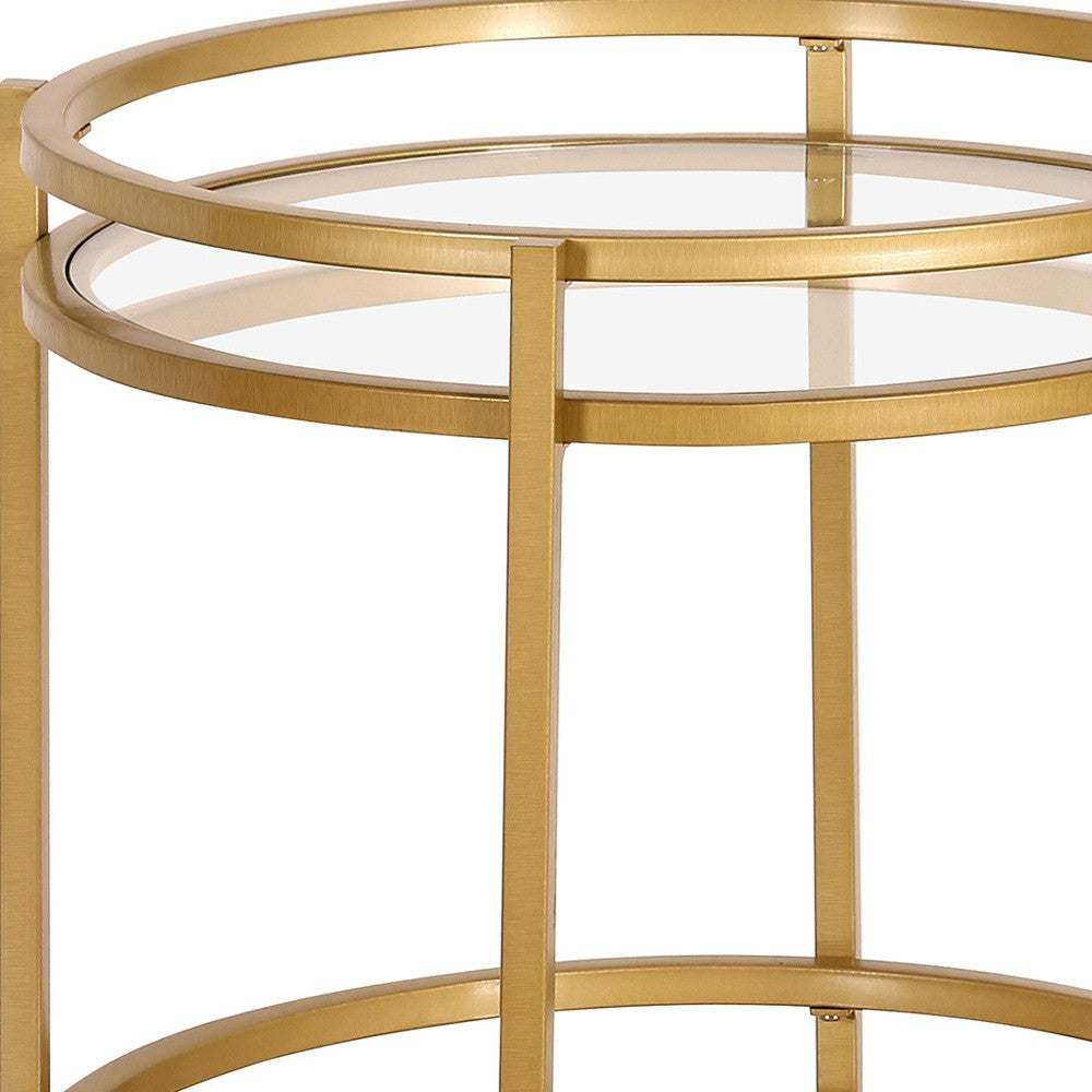 22" Brass And Clear Glass And Steel Round End Table With Shelf-4