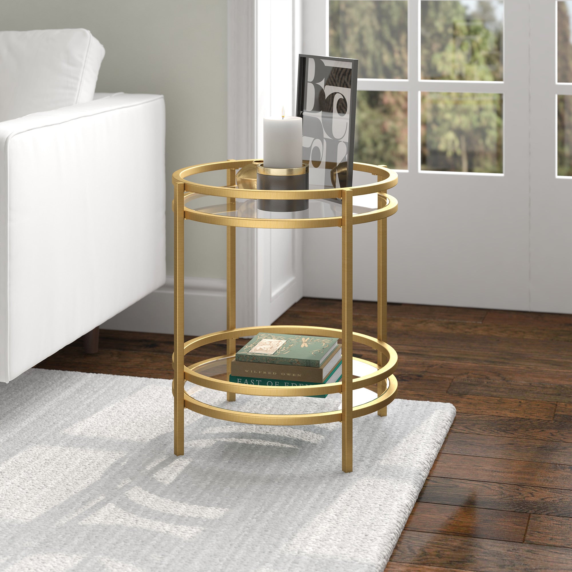 22" Brass And Clear Glass And Steel Round End Table With Shelf-7