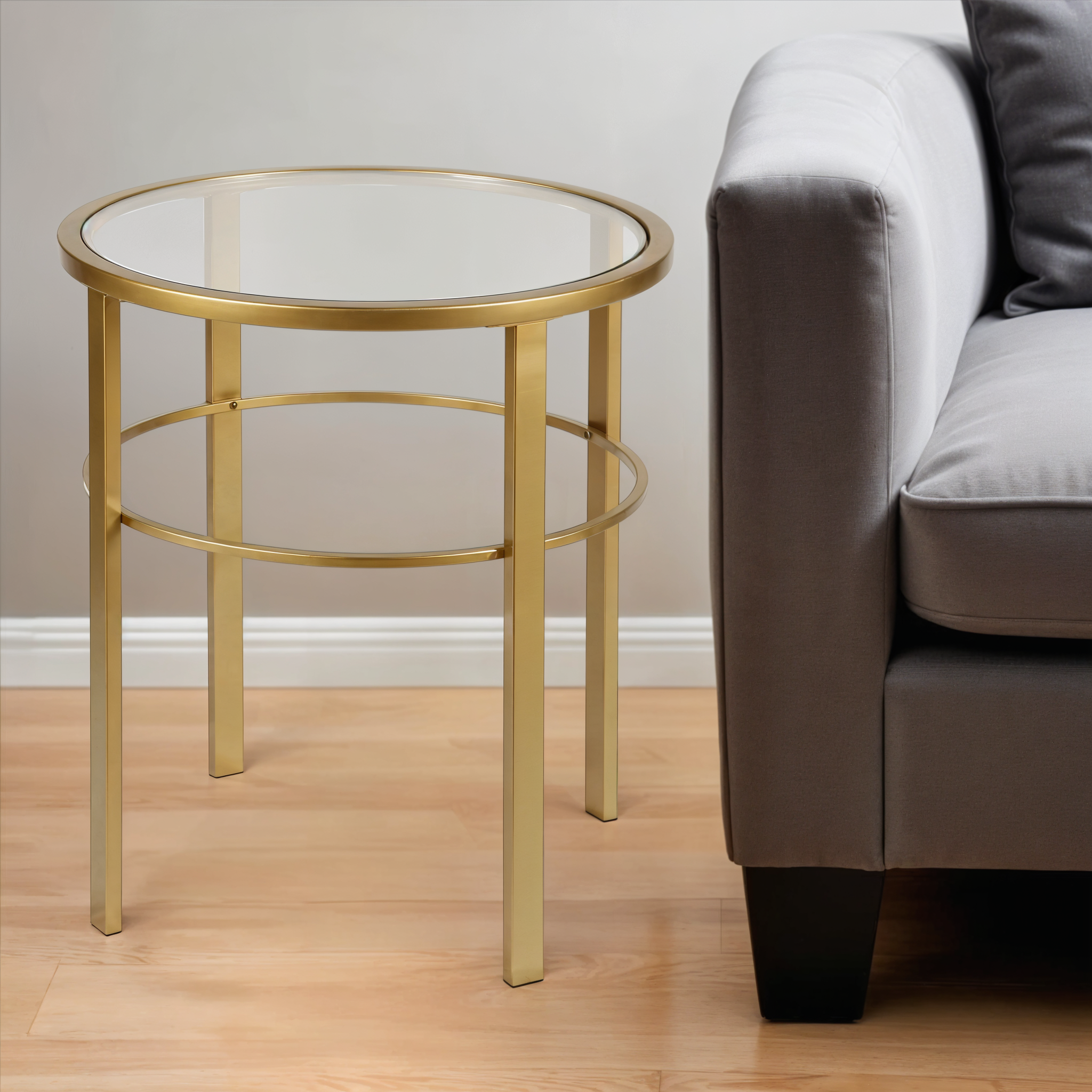 22" Brass And Clear Glass And Steel Round End Table-0