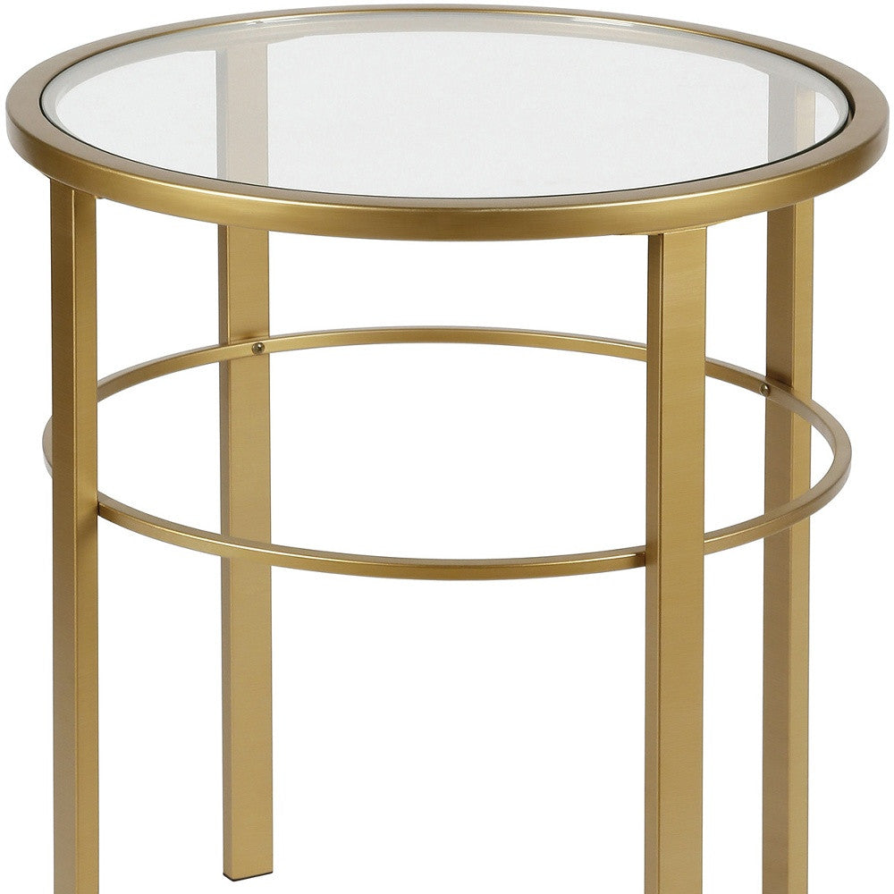 22" Brass And Clear Glass And Steel Round End Table-5