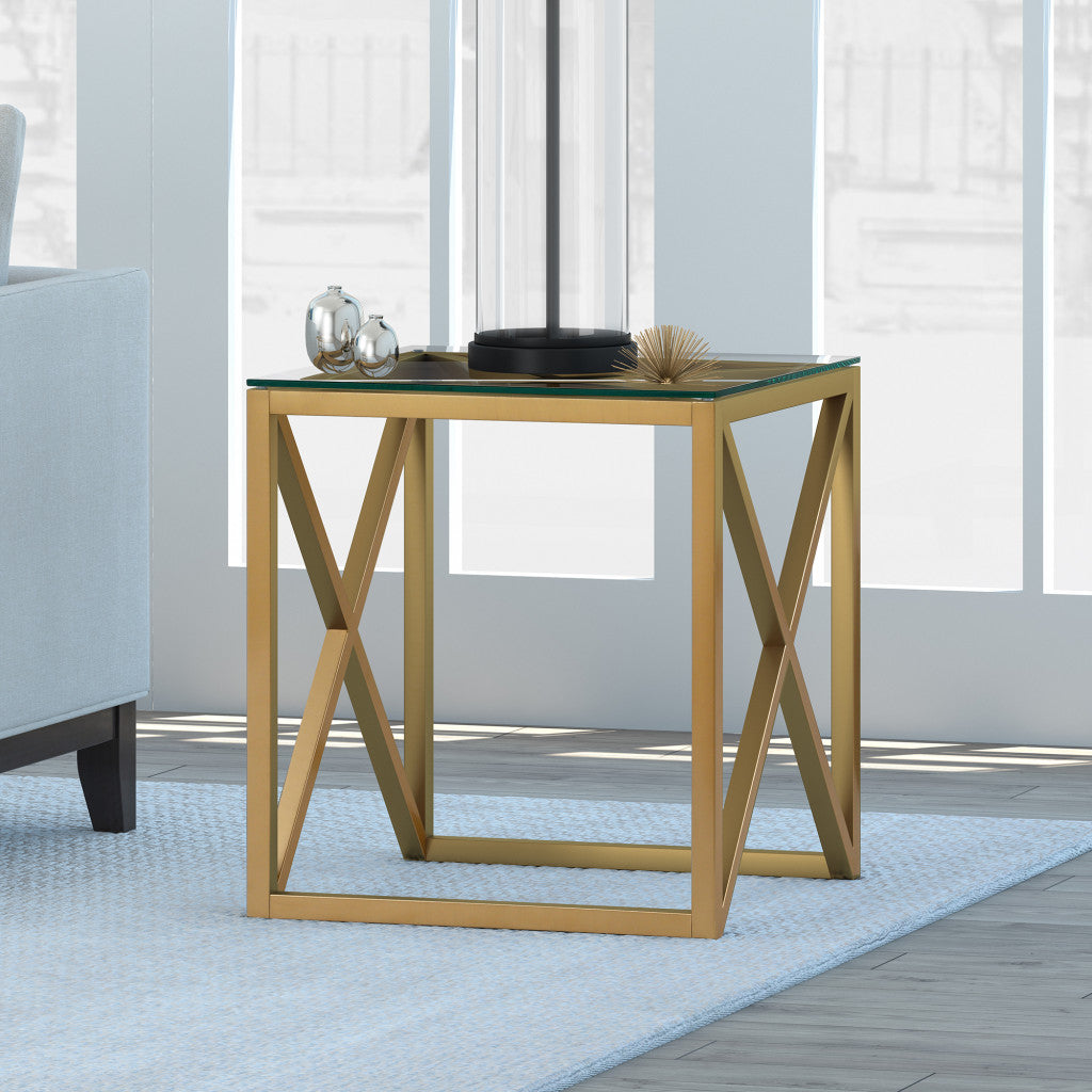 22" Brass And Clear Glass And Steel Square End Table-7