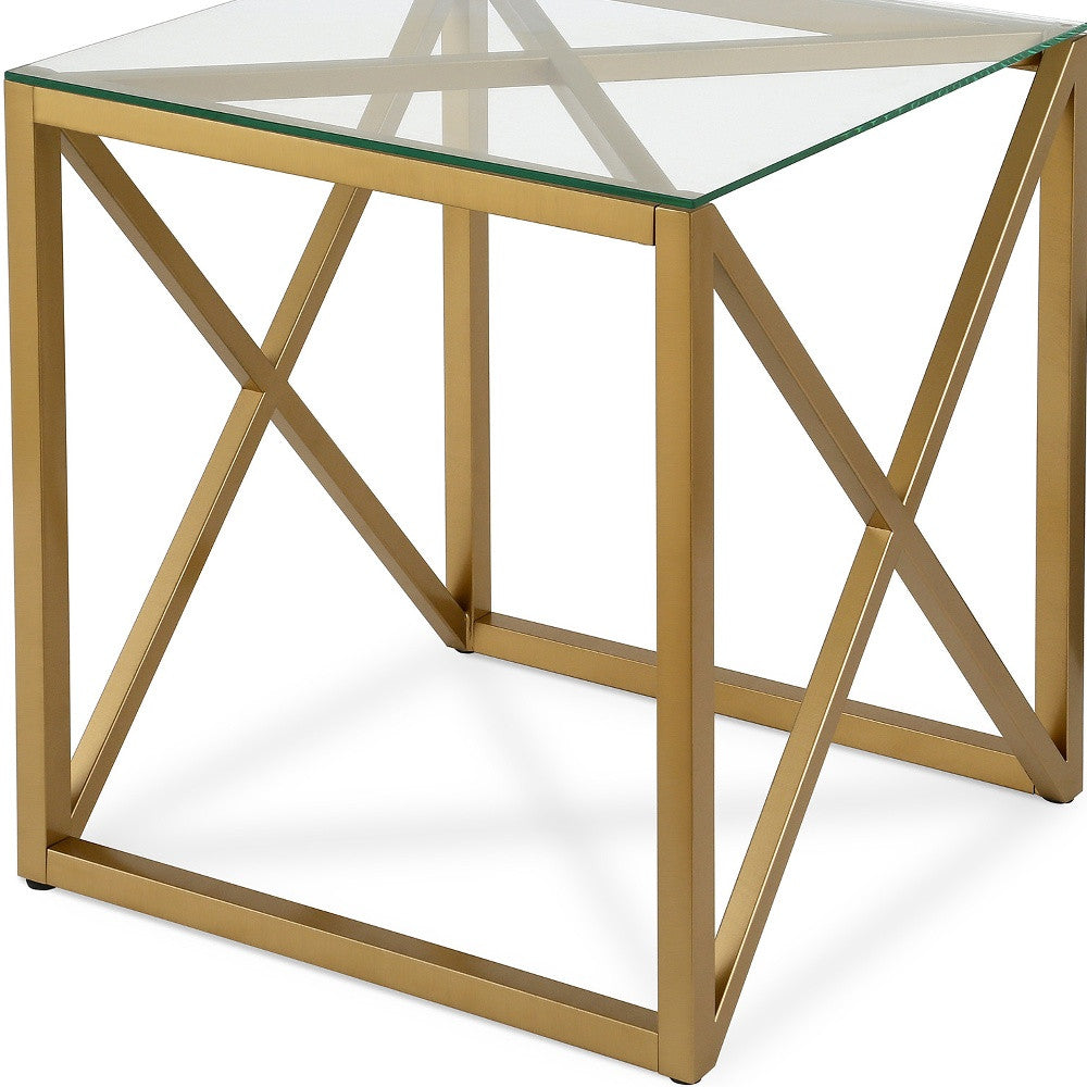 22" Brass And Clear Glass And Steel Square End Table-4