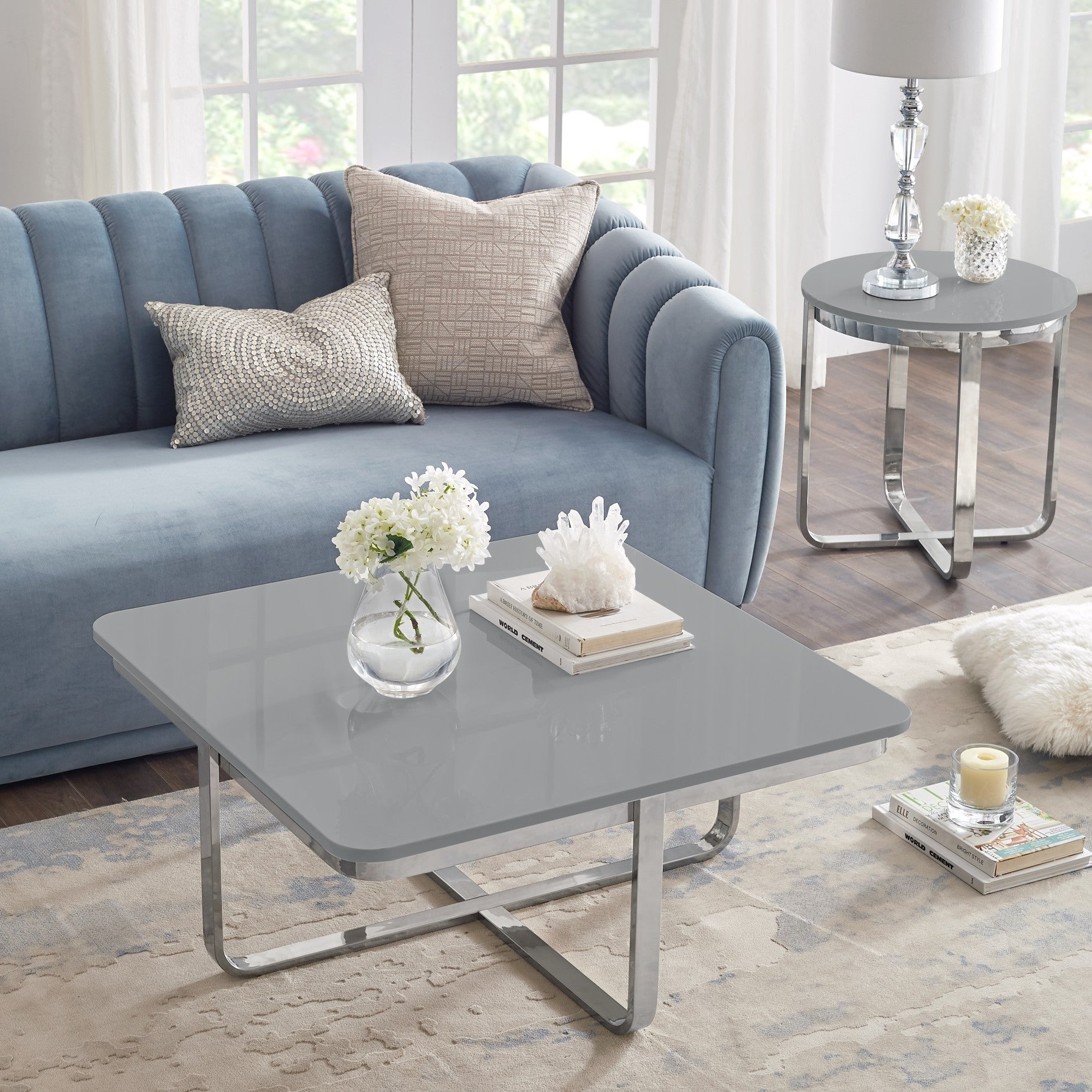 35" Light Gray And Silver Metallic Stainless Steel Square Coffee Table-6