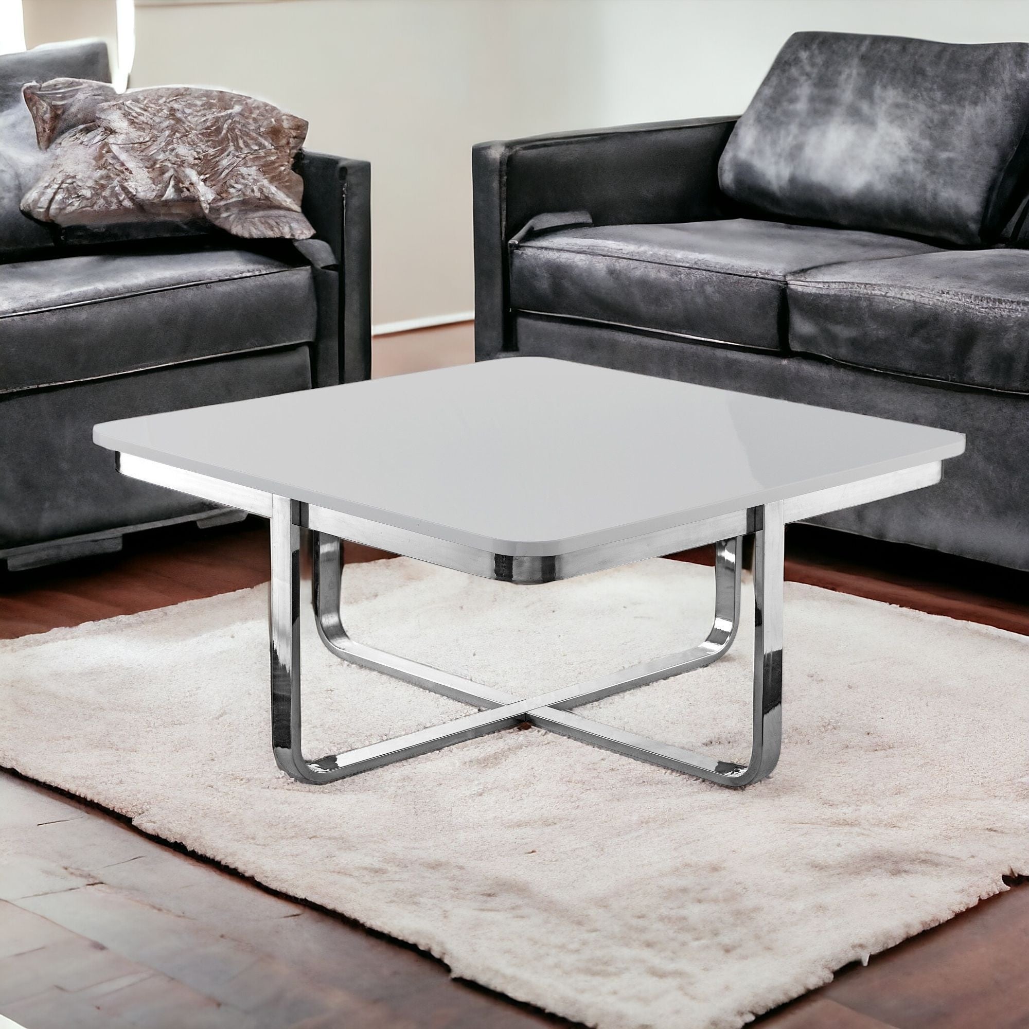 35" Light Gray And Silver Metallic Stainless Steel Square Coffee Table-1