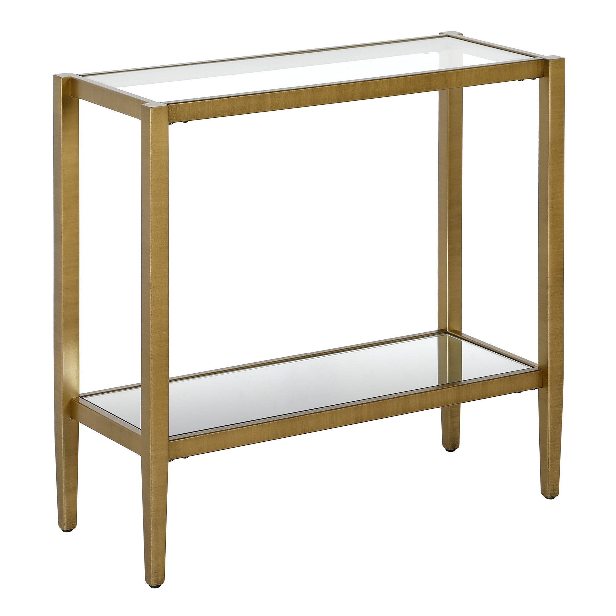 24" Antiqued Brass And Clear Glass And Steel Mirrored End Table With Shelf-2