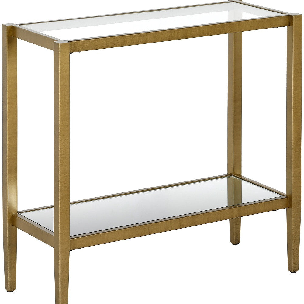 24" Antiqued Brass And Clear Glass And Steel Mirrored End Table With Shelf-4