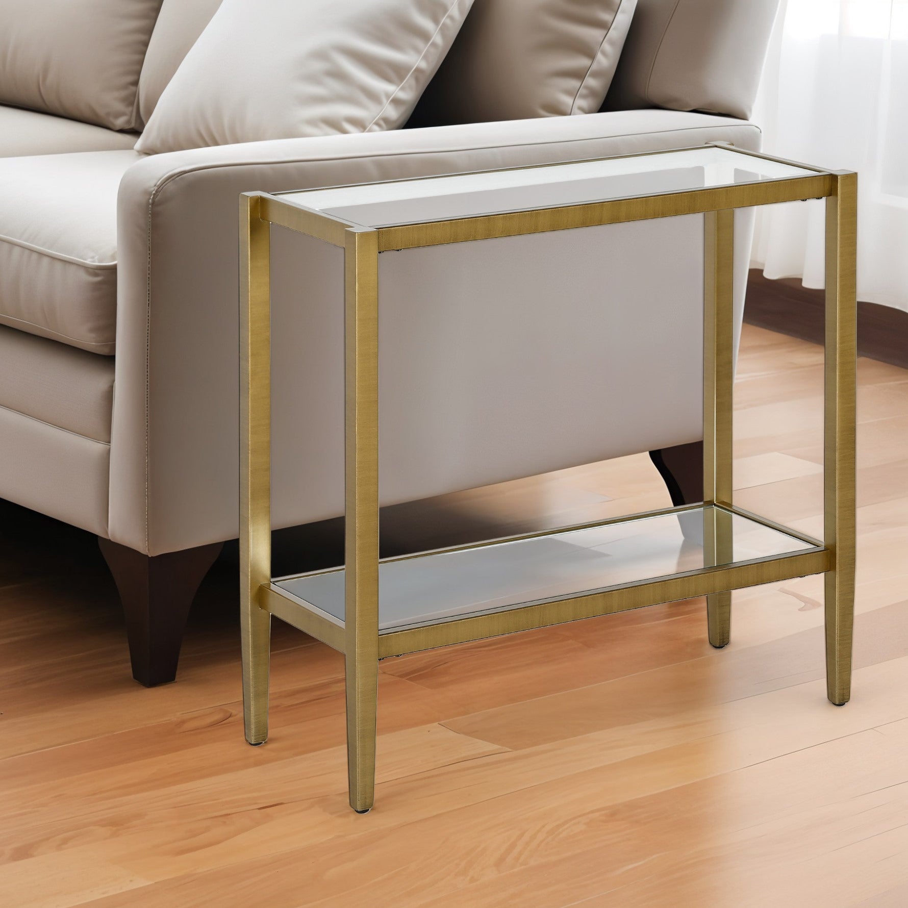 24" Antiqued Brass And Clear Glass And Steel Mirrored End Table With Shelf-0