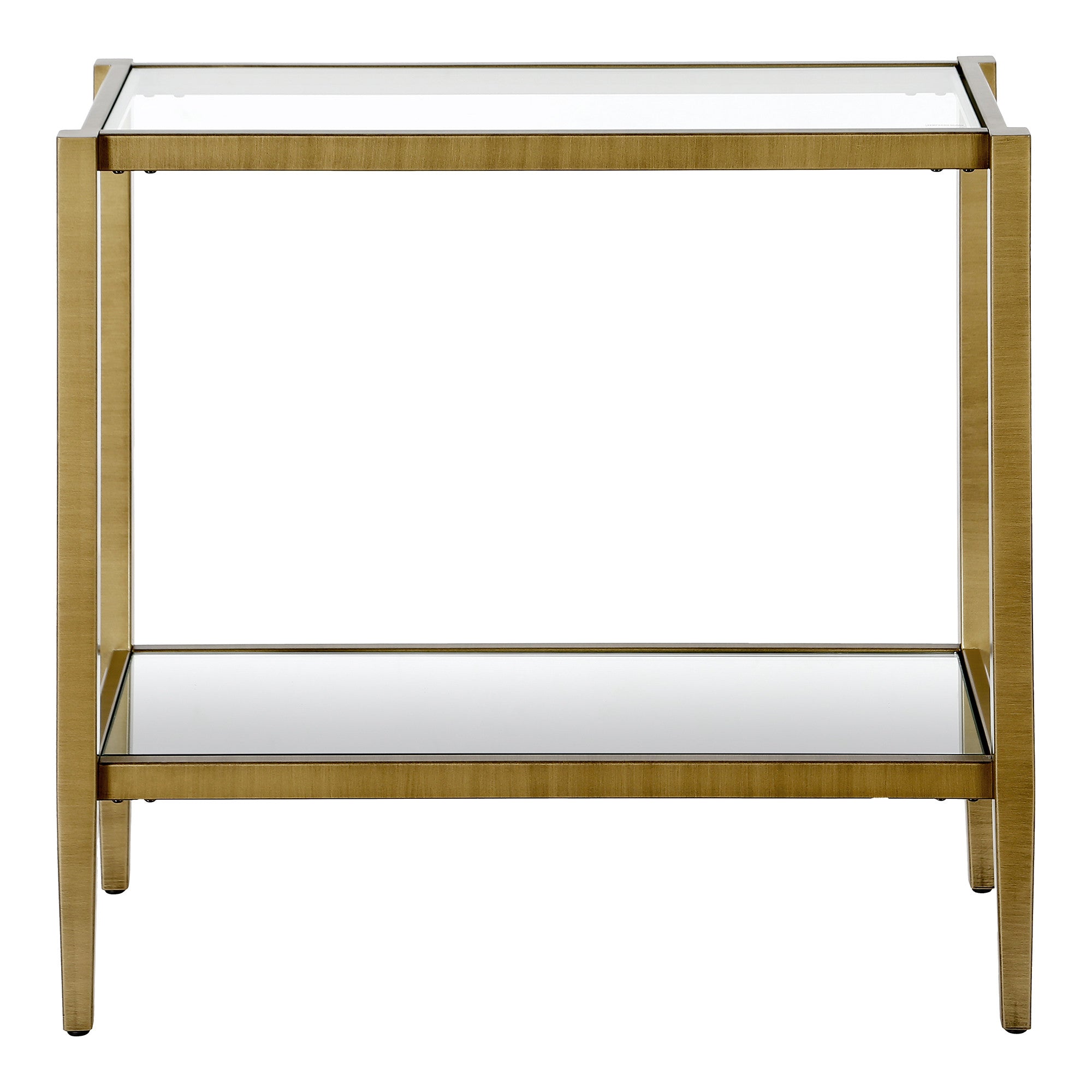 24" Antiqued Brass And Clear Glass And Steel Mirrored End Table With Shelf-1