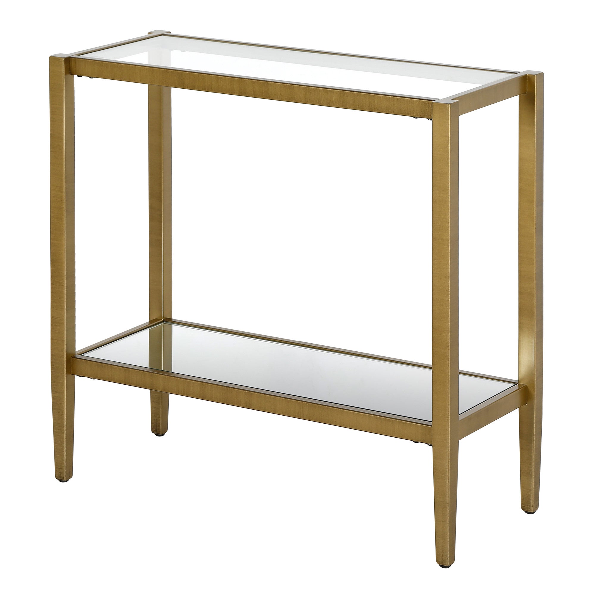 24" Antiqued Brass And Clear Glass And Steel Mirrored End Table With Shelf-3