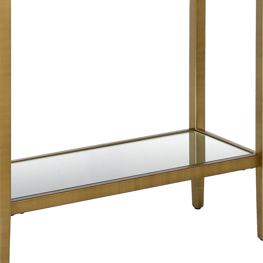 24" Antiqued Brass And Clear Glass And Steel Mirrored End Table With Shelf-5