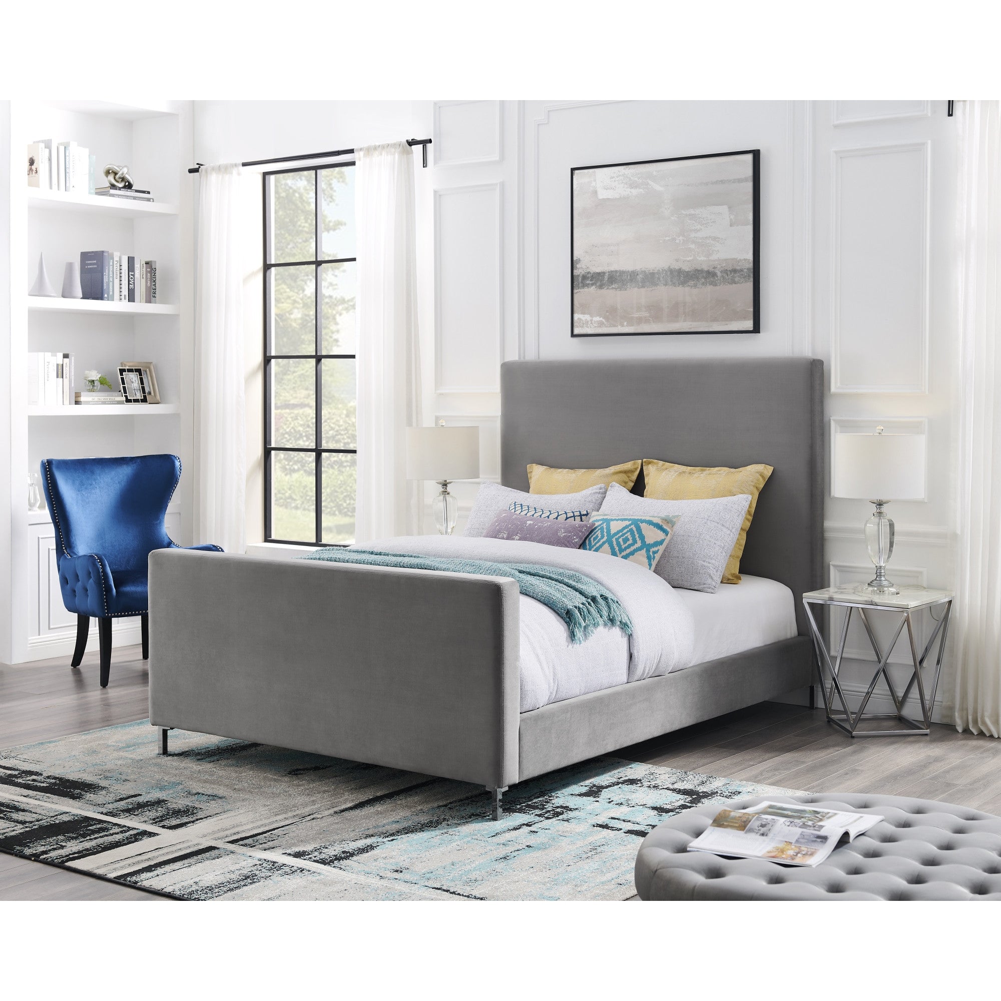 Gray Solid Wood Queen Upholstered Velvet Bed-5