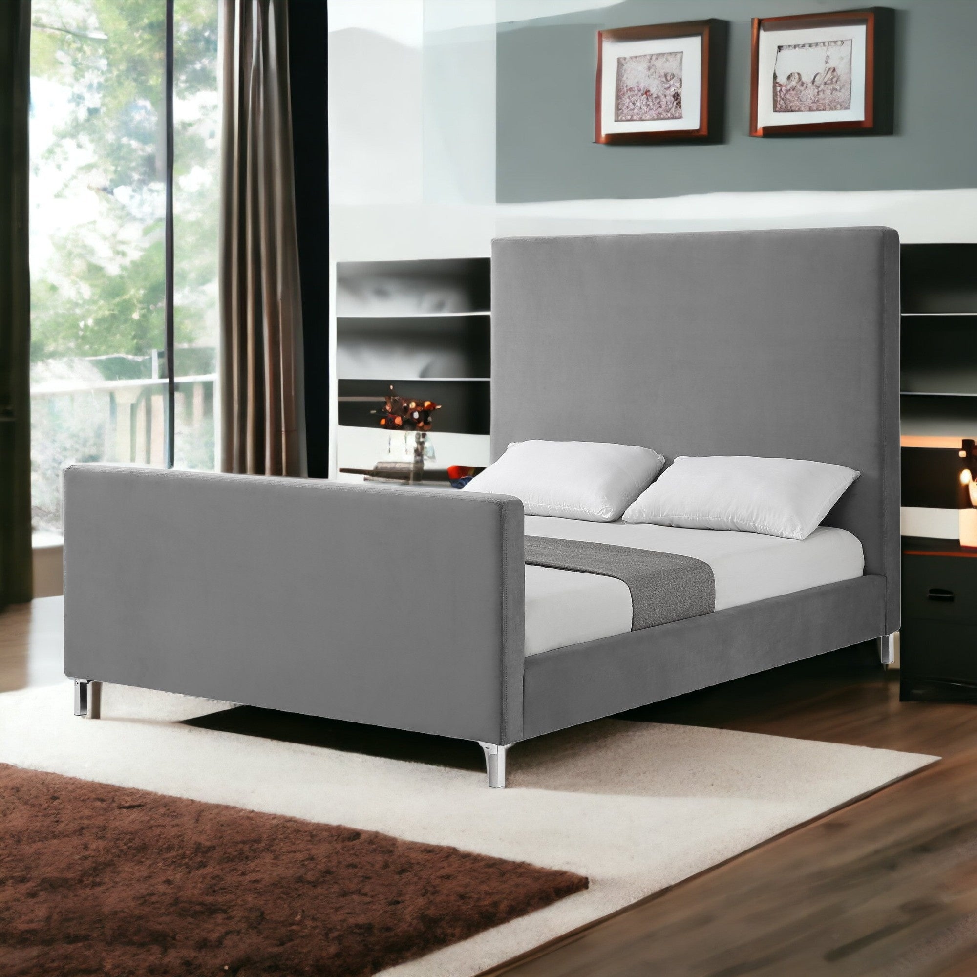 Gray Solid Wood Queen Upholstered Velvet Bed-1