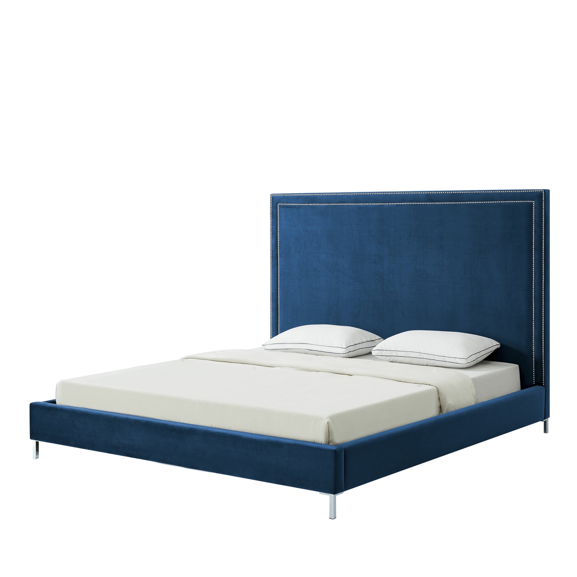 Navy Blue Solid Wood King Upholstered Velvet Bed with Nailhead Trim-0