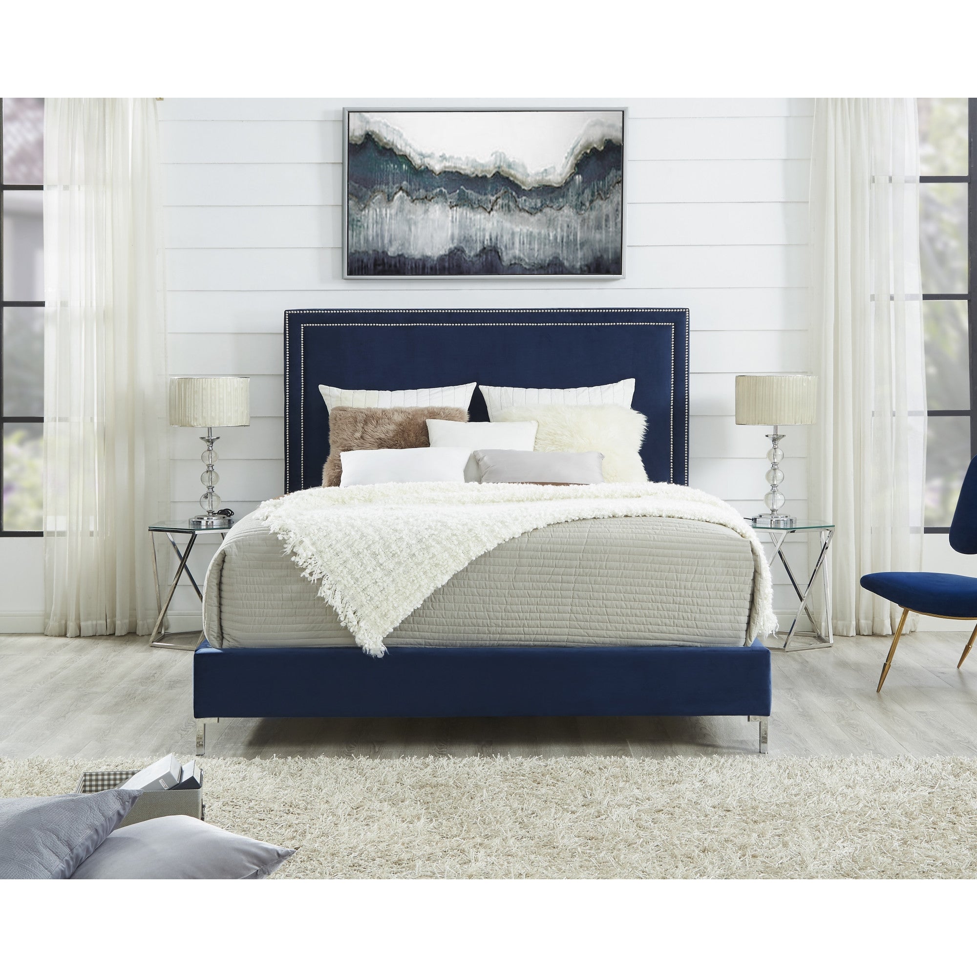 Navy Blue Solid Wood King Upholstered Velvet Bed with Nailhead Trim-8