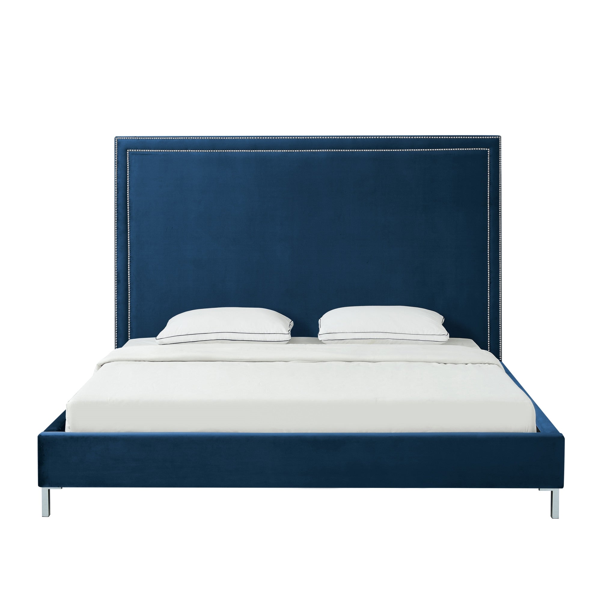 Navy Blue Solid Wood King Upholstered Velvet Bed with Nailhead Trim-2