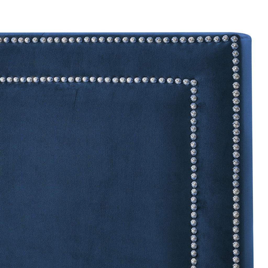 Navy Blue Solid Wood King Upholstered Velvet Bed with Nailhead Trim-5