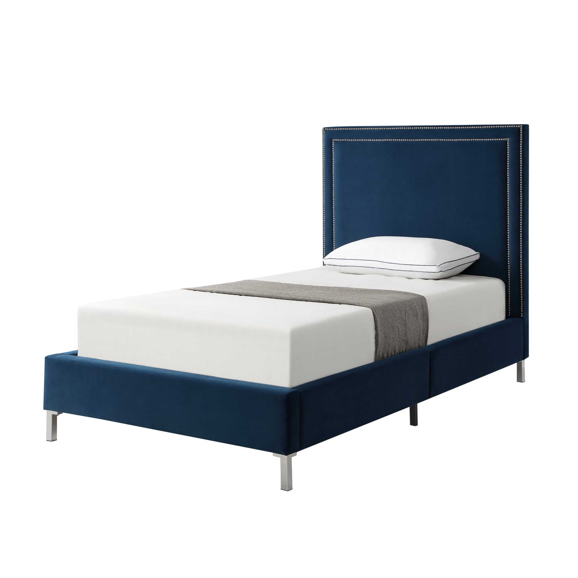 Navy Blue Solid Wood Twin Upholstered Velvet Bed with Nailhead Trim-0