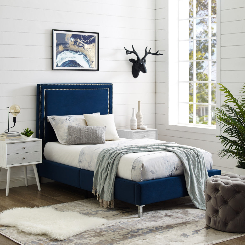 Navy Blue Solid Wood Twin Upholstered Velvet Bed with Nailhead Trim-7