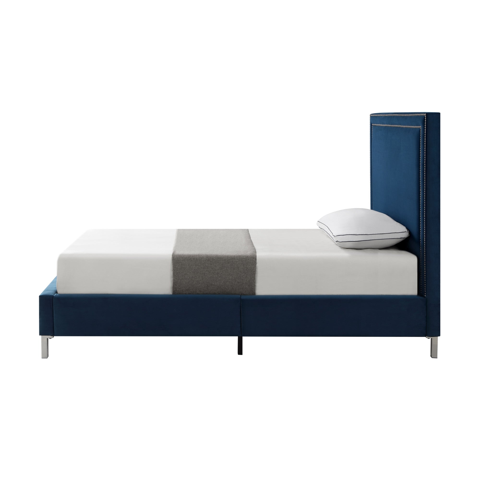 Navy Blue Solid Wood Twin Upholstered Velvet Bed with Nailhead Trim-3