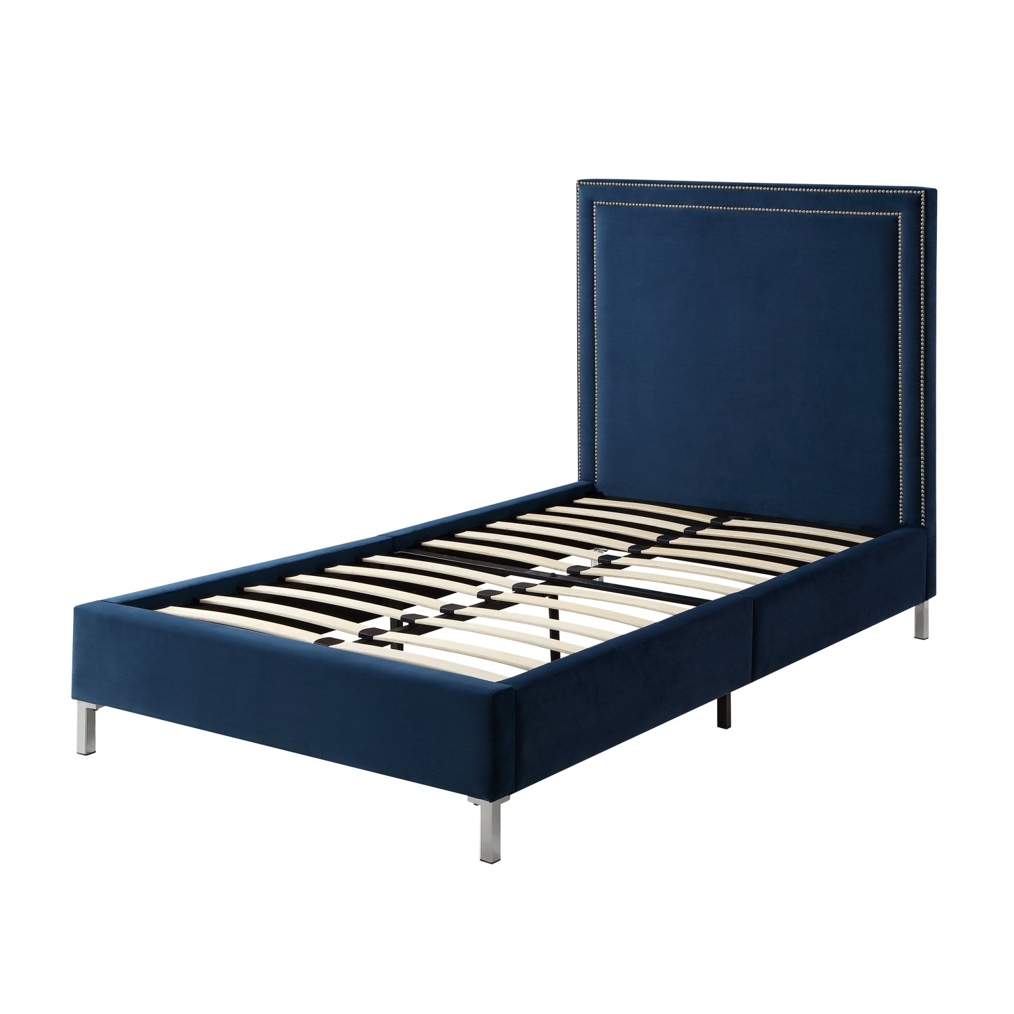 Navy Blue Solid Wood Twin Upholstered Velvet Bed with Nailhead Trim-4